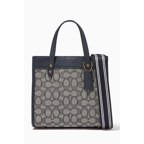 Coach Field Tote Signature Jacquard Glovetanned Leather Midnight Blue NWT - Picture 2 of 7